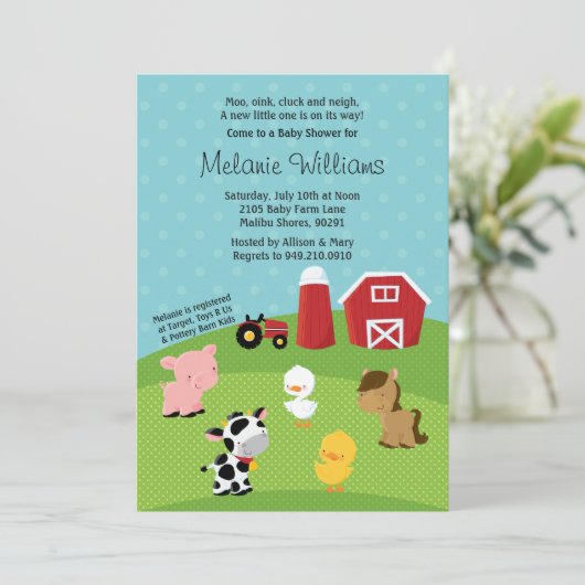 Uitnodiging tot Baby shower van Barnyard Animal (Staand voorkant)
