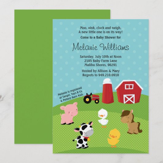 Uitnodiging tot Baby shower van Barnyard Animal (Voorkant / Achterkant)