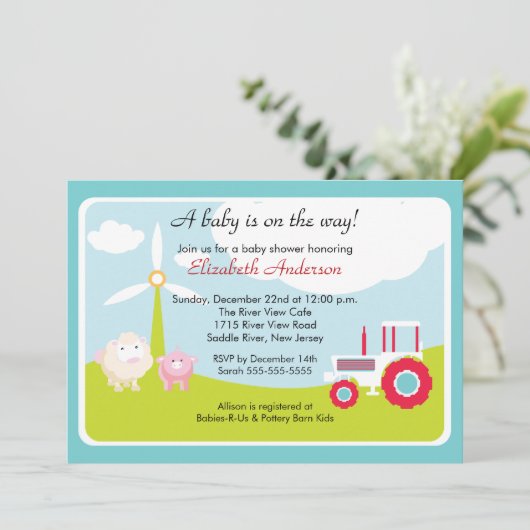 Uitnodiging tot Baby shower van Barnyard Baby Anim (Staand voorkant)