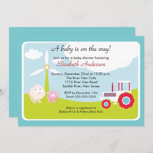 Uitnodiging tot Baby shower van Barnyard Baby Anim (Voorkant / Achterkant)