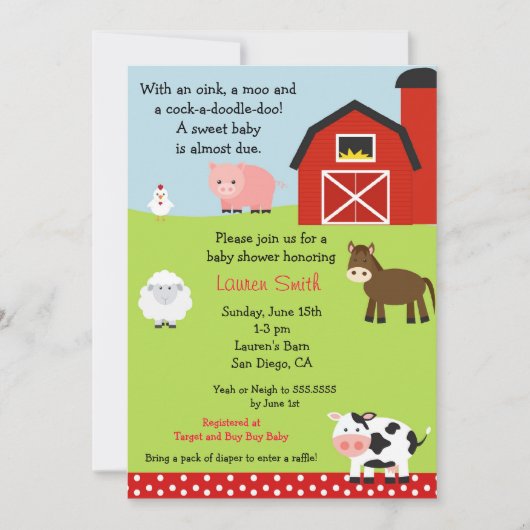 Uitnodiging tot Baby shower van Barnyard Boerderij (Voorkant)