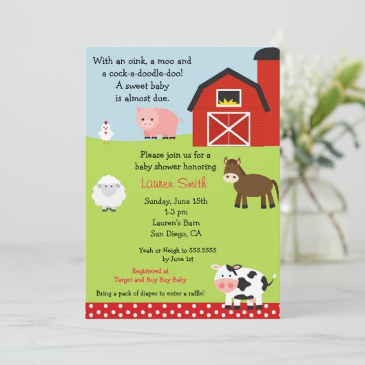 Uitnodiging tot Baby shower van Barnyard Boerderij (Staand voorkant)