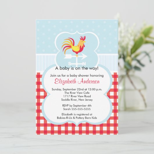 Uitnodiging tot Baby shower van Barnyard Rooster (Staand voorkant)