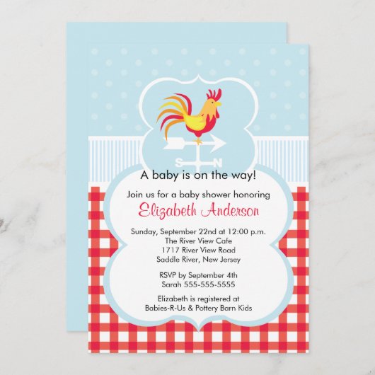 Uitnodiging tot Baby shower van Barnyard Rooster (Voorkant / Achterkant)