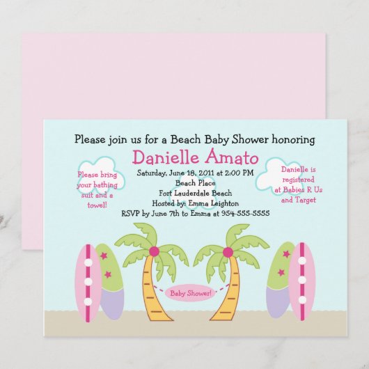 Uitnodiging tot Baby shower van Beach Party (Voorkant / Achterkant)