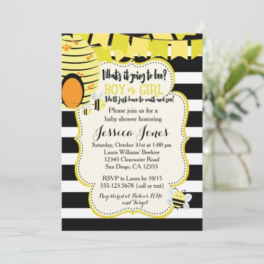 Uitnodiging tot Baby shower van bijen of partij bi (Staand voorkant)