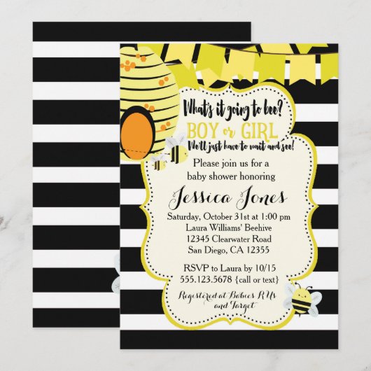 Uitnodiging tot Baby shower van bijen of partij bi (Voorkant / Achterkant)