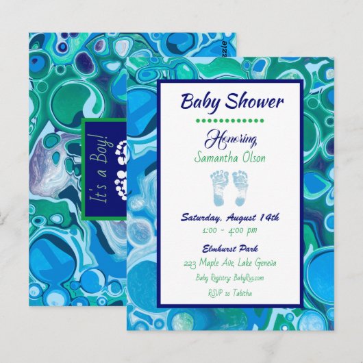 Uitnodiging tot Baby shower van Blue and Green Boy (Voorkant / Achterkant)
