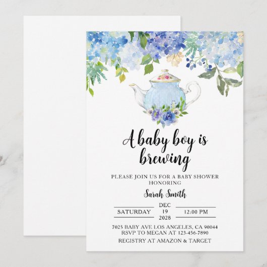 Uitnodiging tot Baby shower van Blue Tea Party (Voorkant / Achterkant)