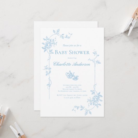 Uitnodiging tot Baby shower van Blue Tea Party (Voorkant / Achterkant in situ)