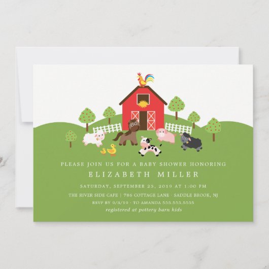 Uitnodiging tot Baby shower van boerderijdieren (Voorkant)
