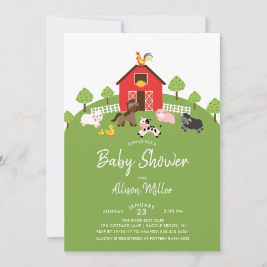 Uitnodiging tot Baby shower van boerderijdieren (Voorkant)