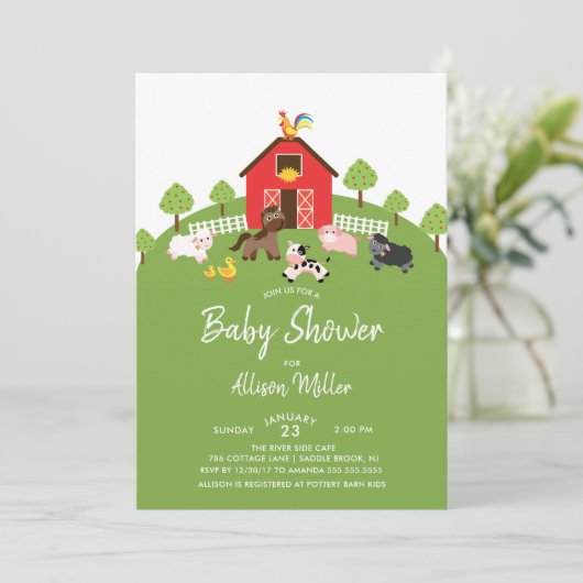 Uitnodiging tot Baby shower van boerderijdieren (Staand voorkant)