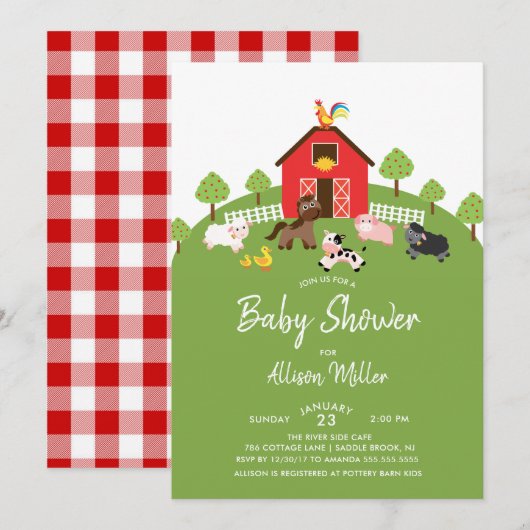 Uitnodiging tot Baby shower van boerderijdieren (Voorkant / Achterkant)