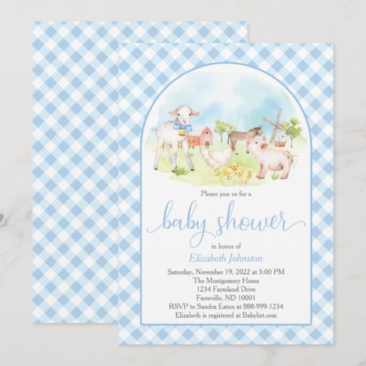 Uitnodiging tot Baby shower van boerderijen (Voorkant / Achterkant)