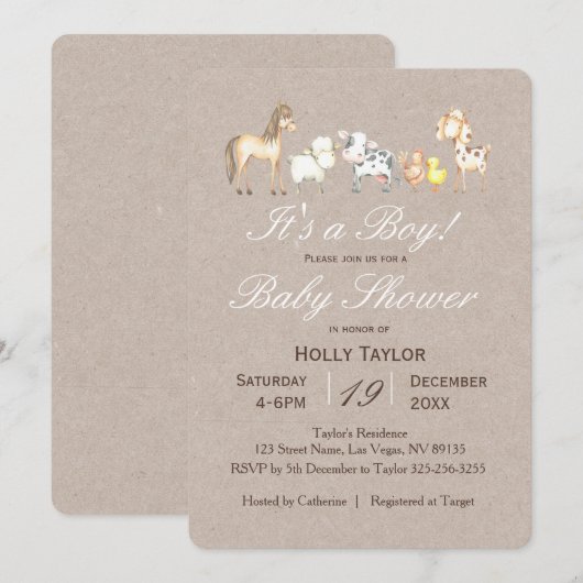 Uitnodiging tot Baby shower van boerderijen (Voorkant / Achterkant)