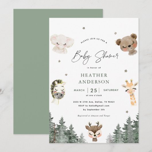 Uitnodiging tot Baby shower van bosbos (Voorkant / Achterkant)