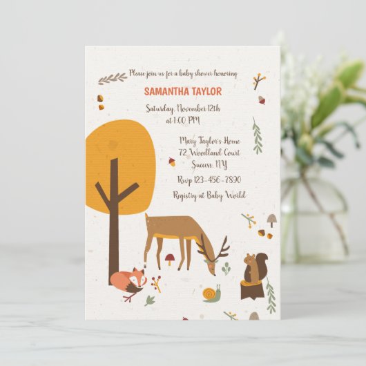 Uitnodiging tot Baby shower van bosdieren (Staand voorkant)