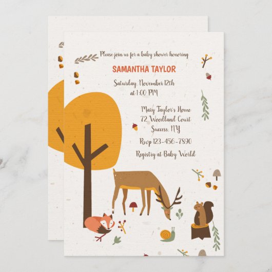 Uitnodiging tot Baby shower van bosdieren (Voorkant / Achterkant)