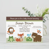 Uitnodiging tot Baby shower van bosdierenvrienden (Staand voorkant)