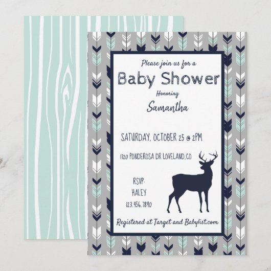 Uitnodiging tot Baby shower van bossen - Mint/mari (Voorkant / Achterkant)