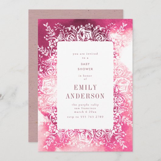 Uitnodiging tot Baby shower van Bright Plum Pink (Voorkant / Achterkant)