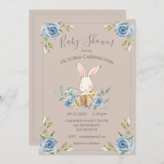 Uitnodiging tot Baby shower van Brown Bunny Rabbit (Voorkant / Achterkant)