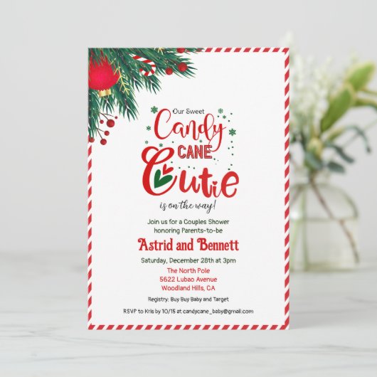 Uitnodiging tot Baby shower van Candy Cane Cutie H (Staand voorkant)