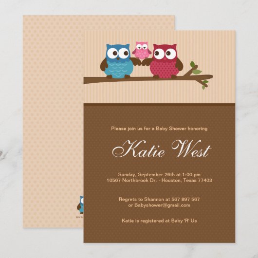Uitnodiging tot Baby shower van Chic Owls (Voorkant / Achterkant)
