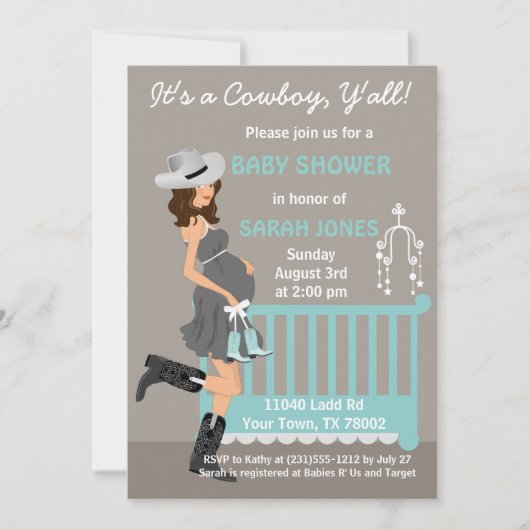 Uitnodiging tot Baby shower van Cowboy - Brunette  (Voorkant)