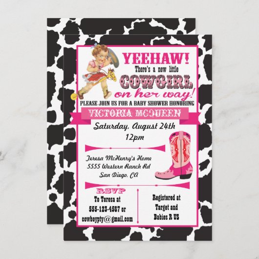 Uitnodiging tot Baby shower van Cowgirl (Voorkant / Achterkant)
