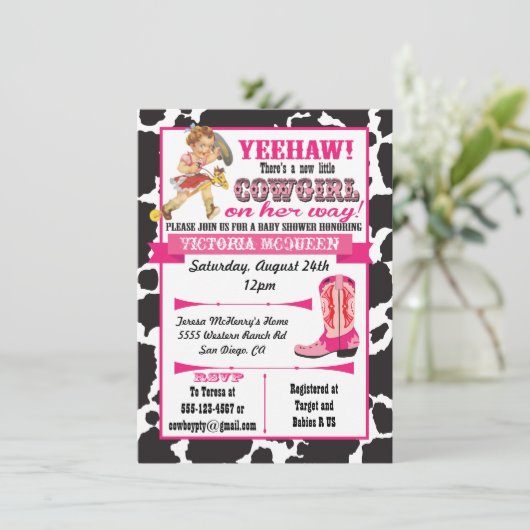 Uitnodiging tot Baby shower van Cowgirl (Staand voorkant)