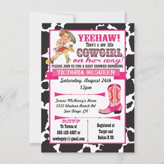 Uitnodiging tot Baby shower van Cowgirl (Voorkant)