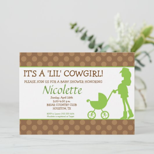 Uitnodiging tot Baby shower van Cowgirl (Staand voorkant)