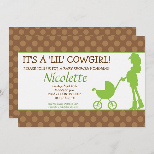 Uitnodiging tot Baby shower van Cowgirl (Voorkant / Achterkant)