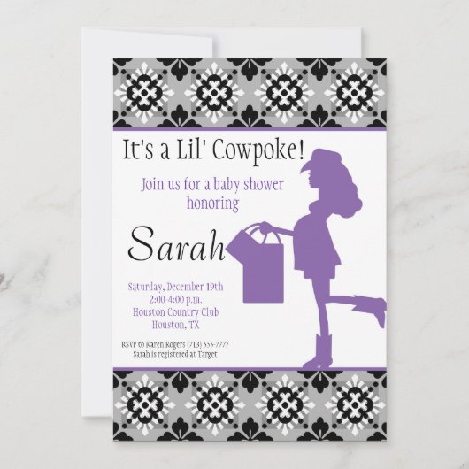 Uitnodiging tot Baby shower van Cowgirl (Paars) (Voorkant)