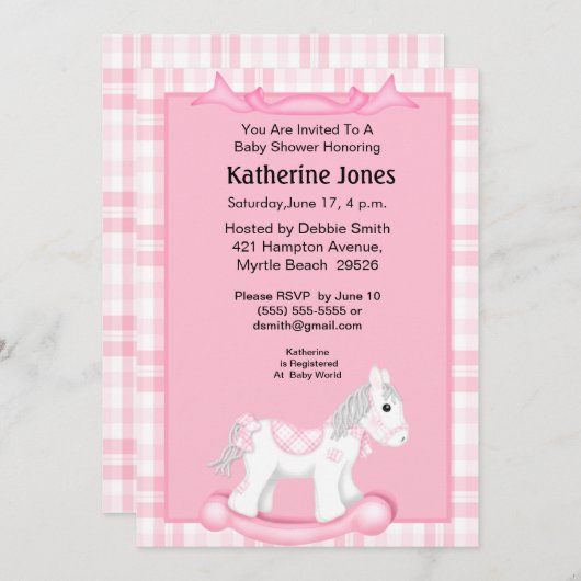 Uitnodiging tot Baby shower van Cute Pink Rocking (Voorkant / Achterkant)