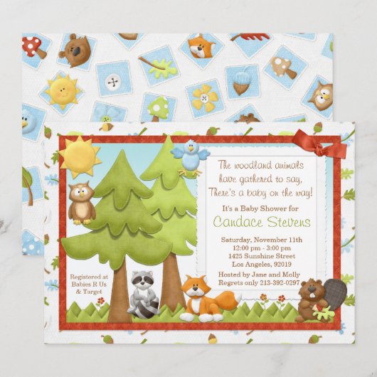 Uitnodiging tot Baby shower van Cute Woodland Anim (Voorkant / Achterkant)