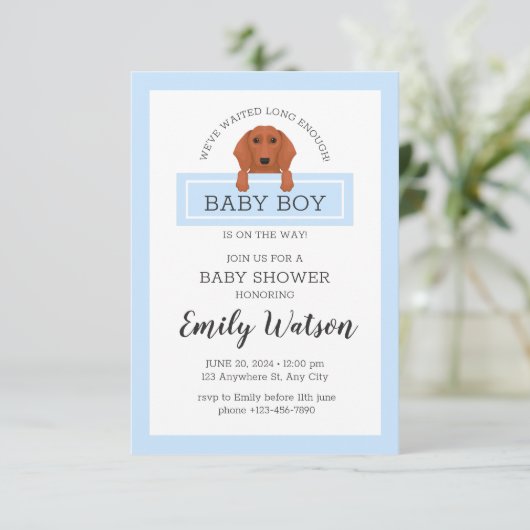 Uitnodiging tot Baby shower van Dachshund (Staand voorkant)