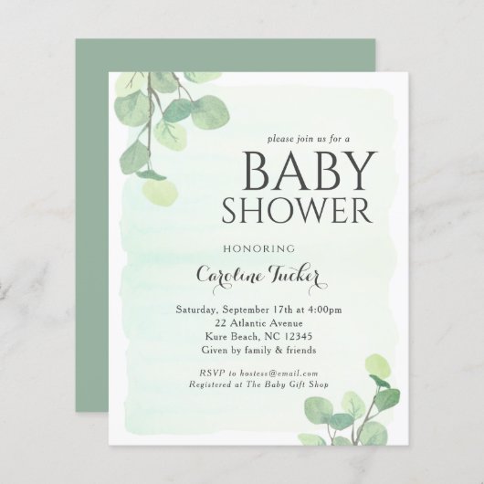 Uitnodiging tot Baby shower van de begroting van E (Voorkant / Achterkant)