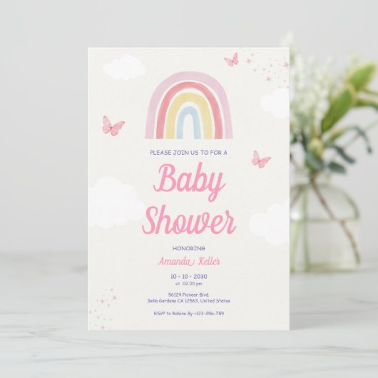 Uitnodiging tot Baby shower van de pasteelregenboo (Staand voorkant)