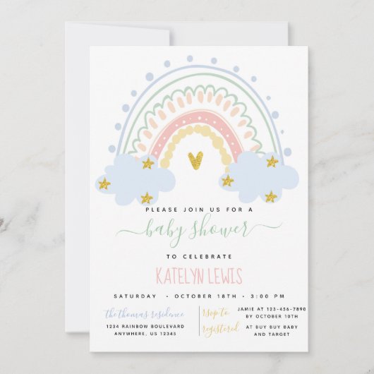 Uitnodiging tot Baby shower van de pasteelregenboo (Voorkant)