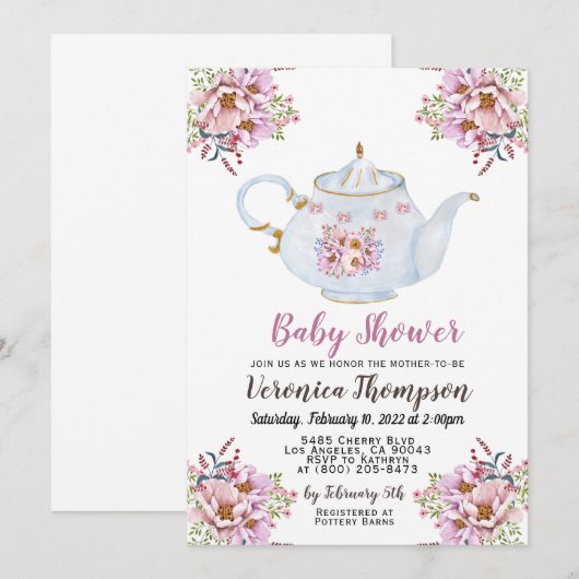 Uitnodiging tot Baby shower van de Tea-partij (Voorkant / Achterkant)