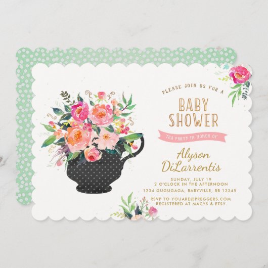 Uitnodiging tot Baby shower van de Tea Party (Voorkant / Achterkant)