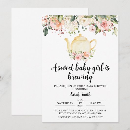 Uitnodiging tot Baby shower van de Tea Party (Voorkant / Achterkant)