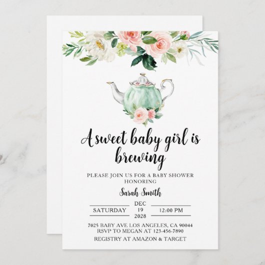 Uitnodiging tot Baby shower van de Tea Party (Voorkant / Achterkant)
