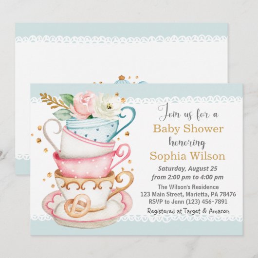 Uitnodiging tot Baby shower van de Tea Party (Voorkant / Achterkant)