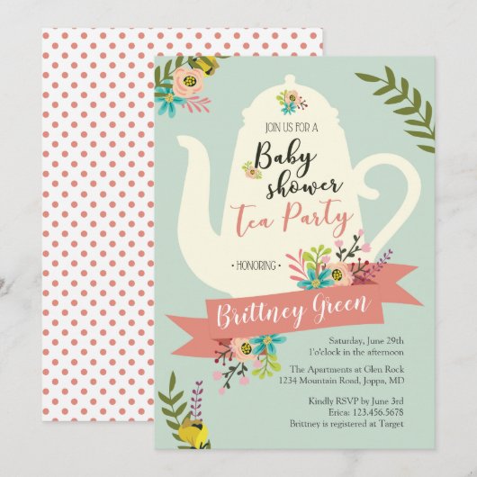 Uitnodiging tot Baby shower van de Tea Party (Voorkant / Achterkant)