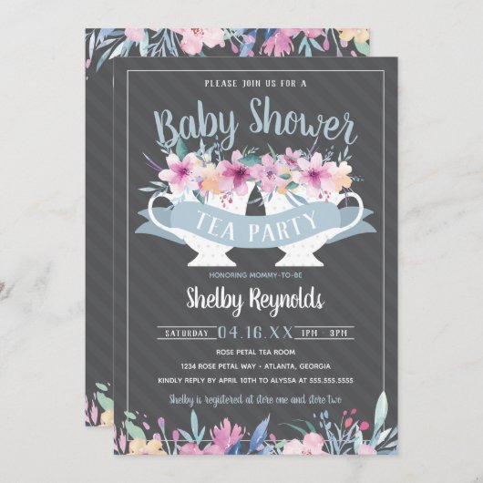 Uitnodiging tot Baby shower van de Tea Party (Voorkant / Achterkant)