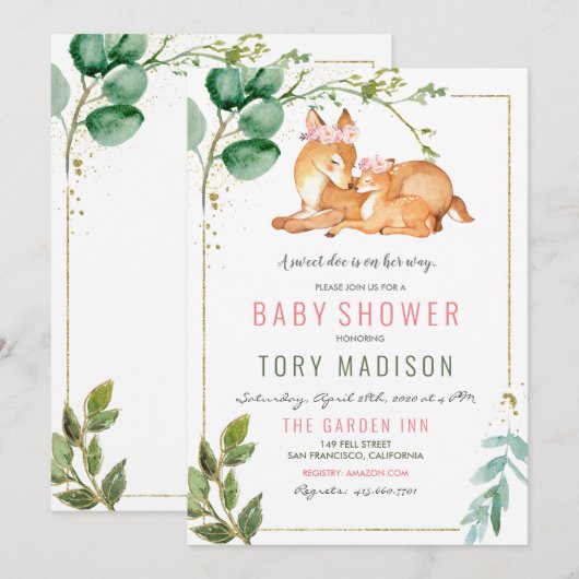 Uitnodiging tot Baby shower van Deer Girl (Voorkant / Achterkant)